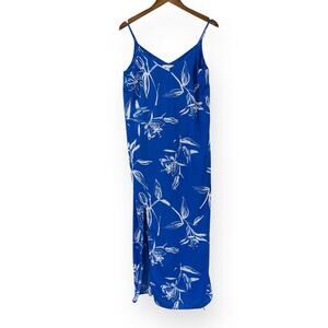C&E Blue Tropical Floral Maxi Slip Dress S Slit Beach Vacation Resort Sundress